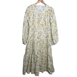 Just Me Womens SZ L Yellow Floral Tiered Eyelet Midi Dress Long Sleeve Button Up